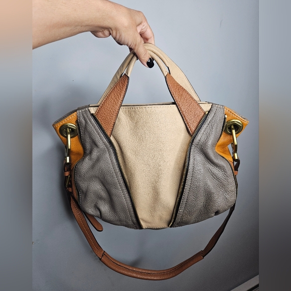 orYANY Leather Colorblock Gray & Tan Shoulder Handbag 11" x 16" - Picture 1 of 17